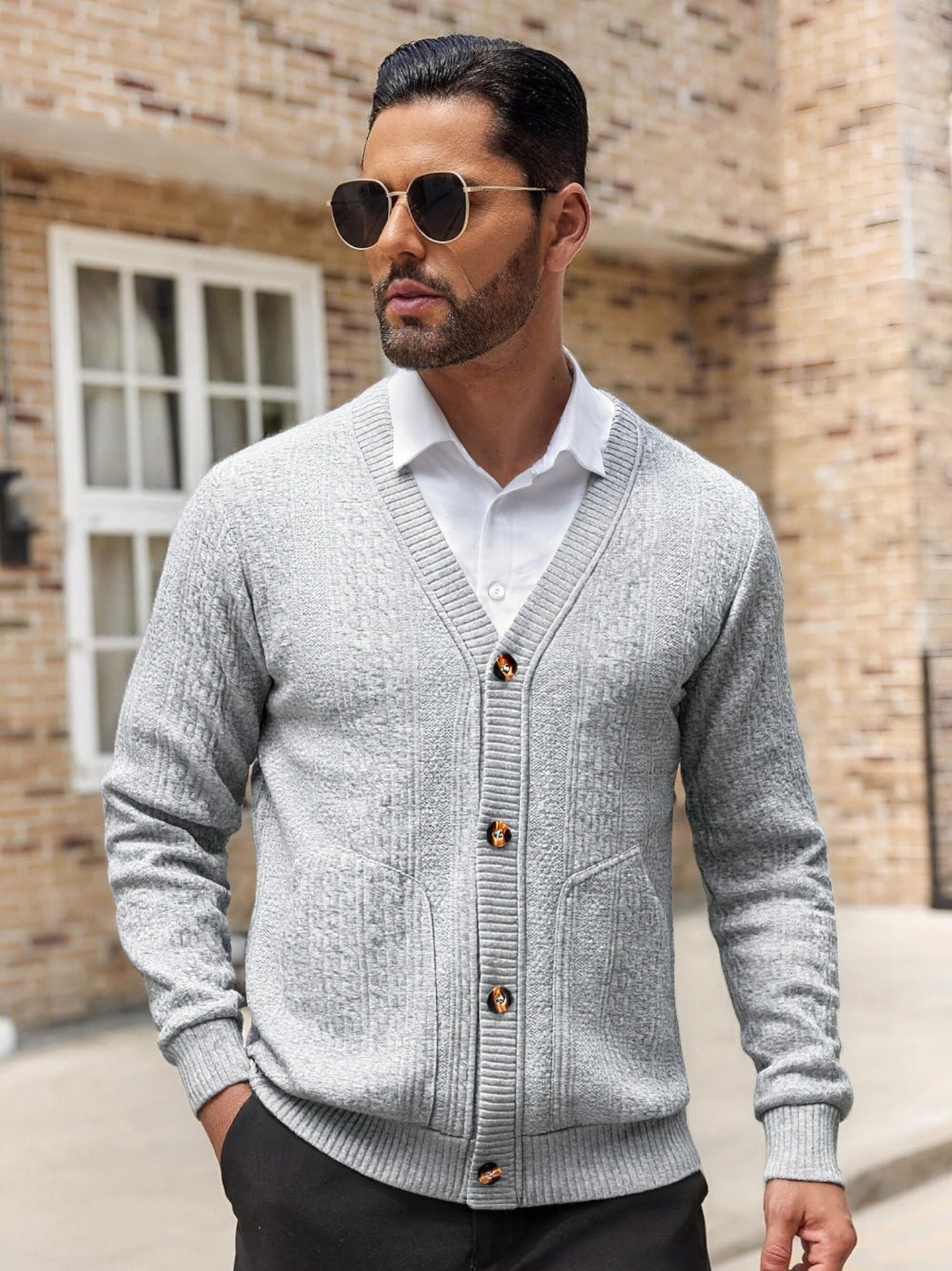 Men's Knitted Cardigan with Pockets and Unique Texture