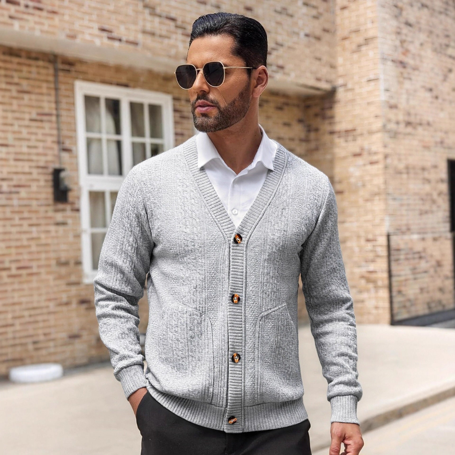 Men's Knitted Cardigan with Pockets and Unique Texture