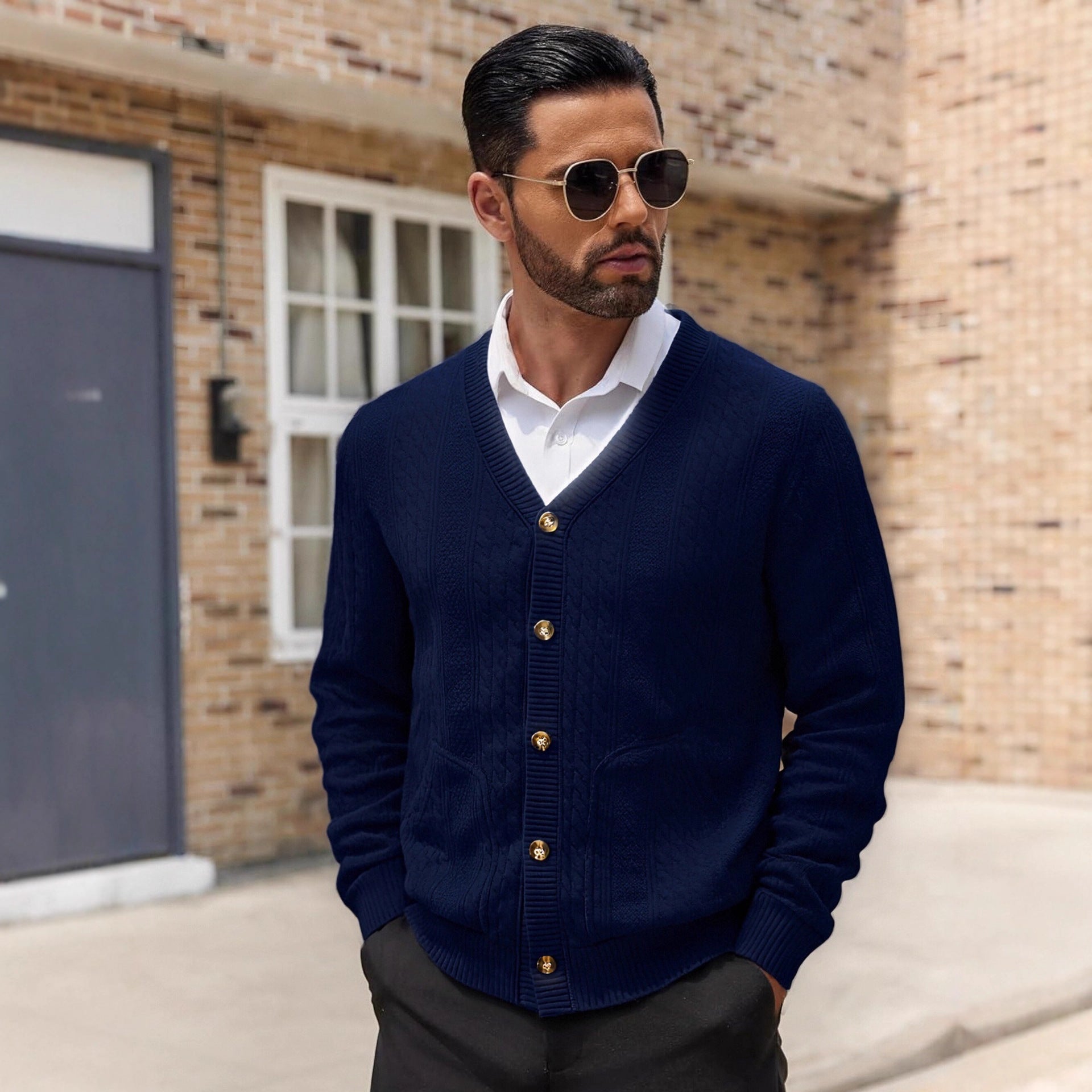 Men's Knitted Cardigan with Pockets and Unique Texture