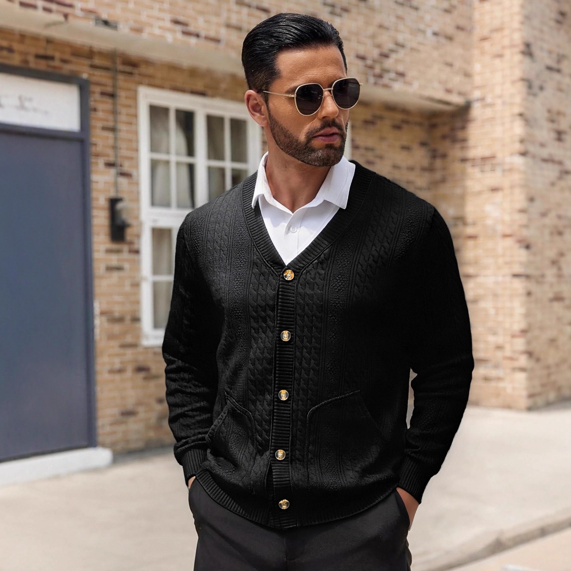 Men's Knitted Cardigan with Pockets and Unique Texture