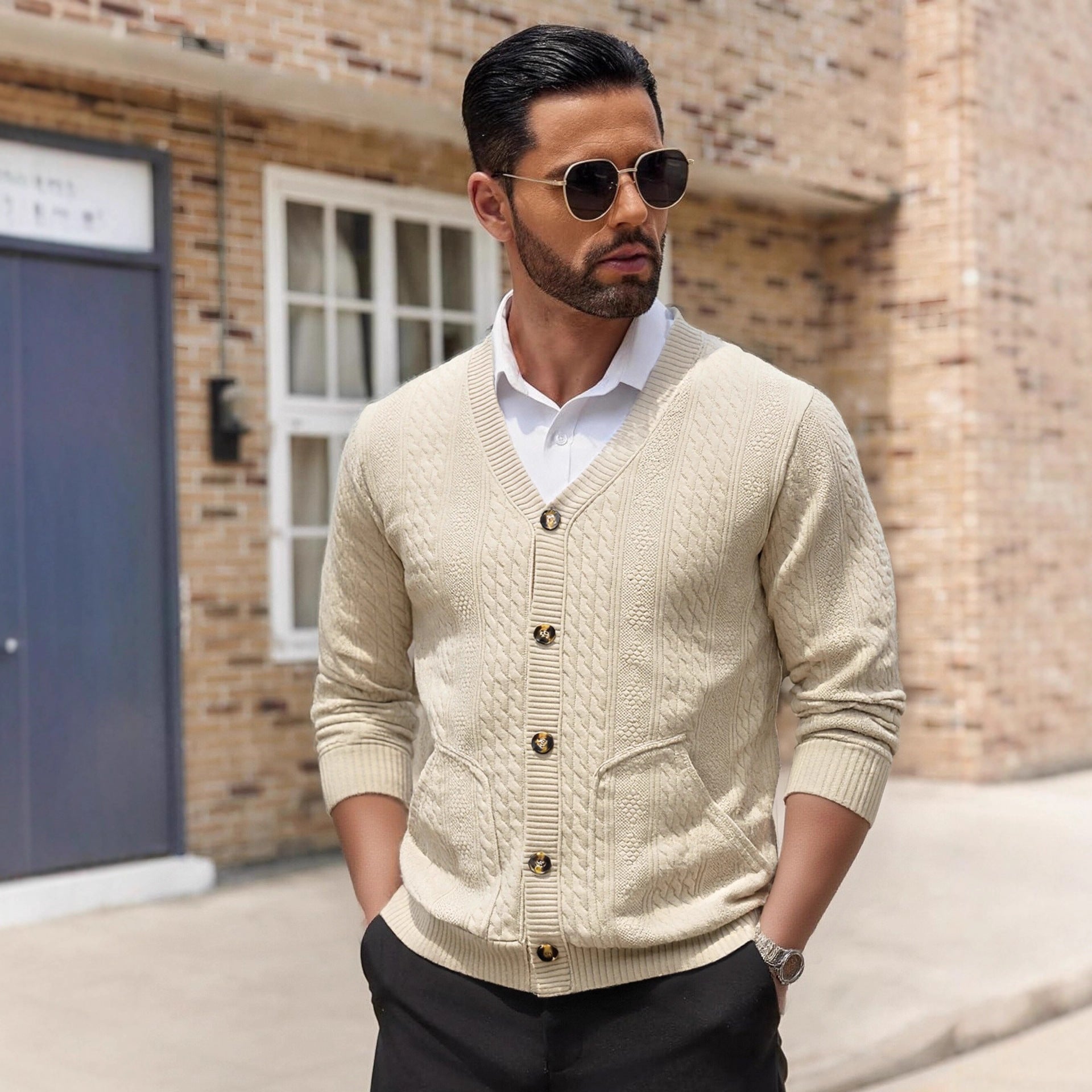 Men's Knitted Cardigan with Pockets and Unique Texture