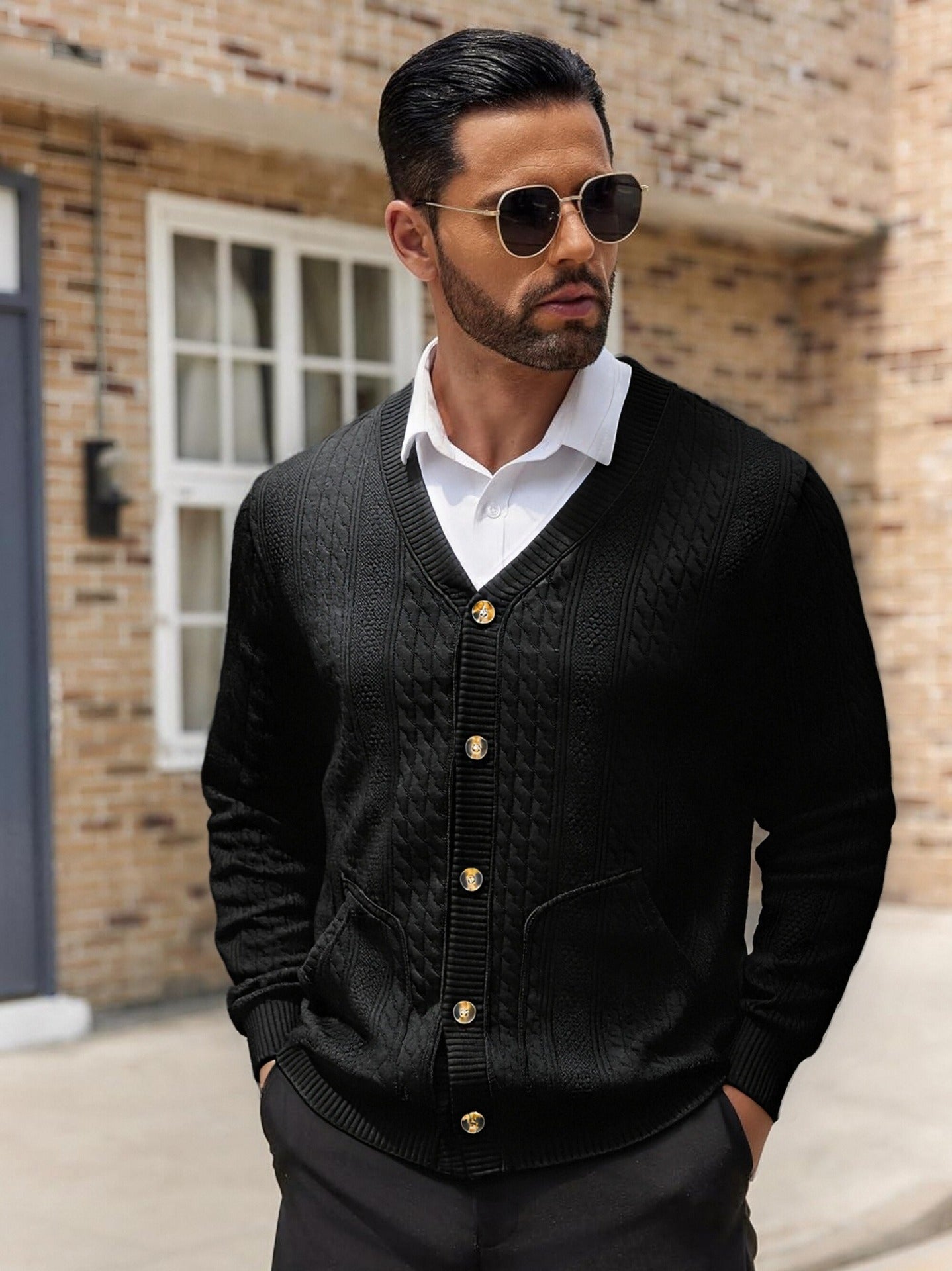 Men's Knitted Cardigan with Pockets and Unique Texture