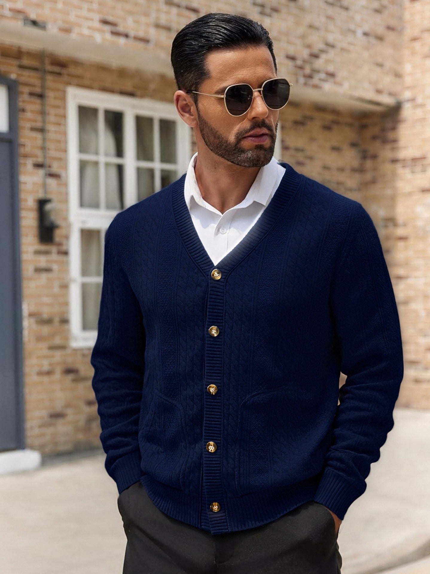 Men's Knitted Cardigan with Pockets and Unique Texture