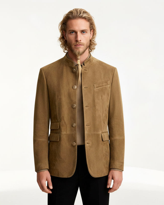 Men's Lightweight Leather-Look Jacket with Stand-Up Collar