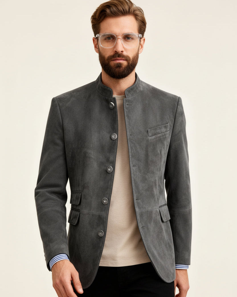 Men's Lightweight Leather-Look Jacket with Stand-Up Collar