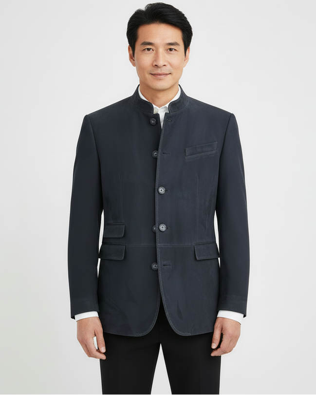 Men's Lightweight Leather-Look Jacket with Stand-Up Collar