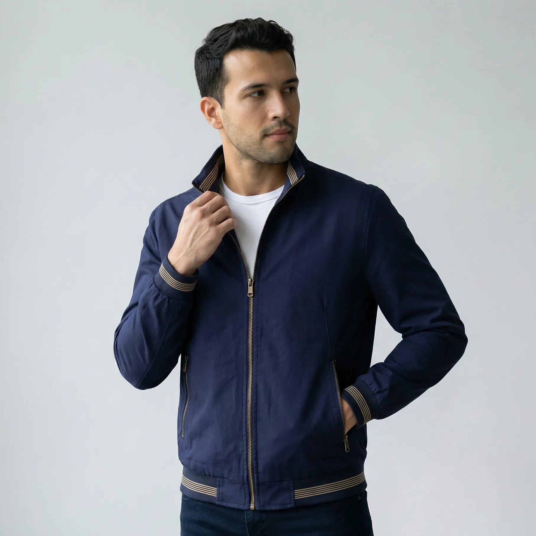 Men's Regular Fit Blouson Jacket with Zip and Stand Collar