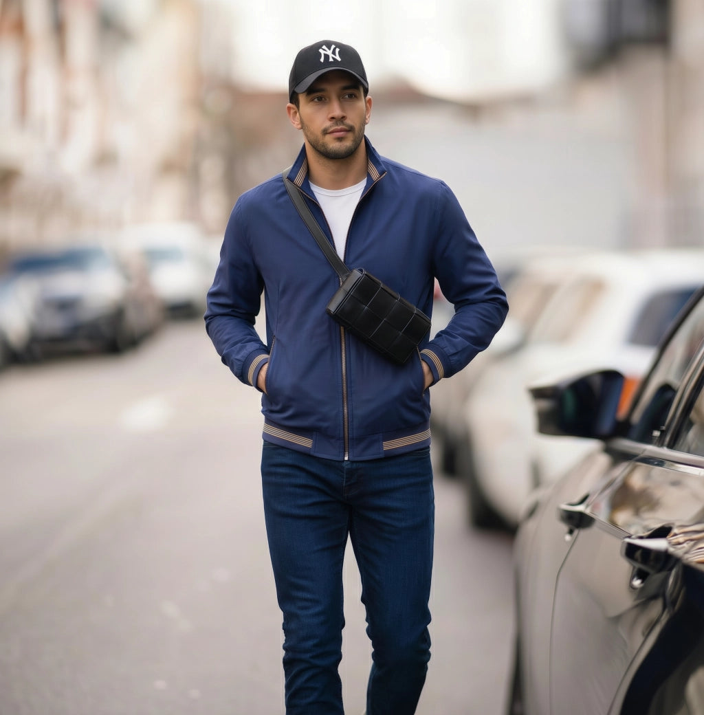 Men's Regular Fit Blouson Jacket with Zip and Stand Collar