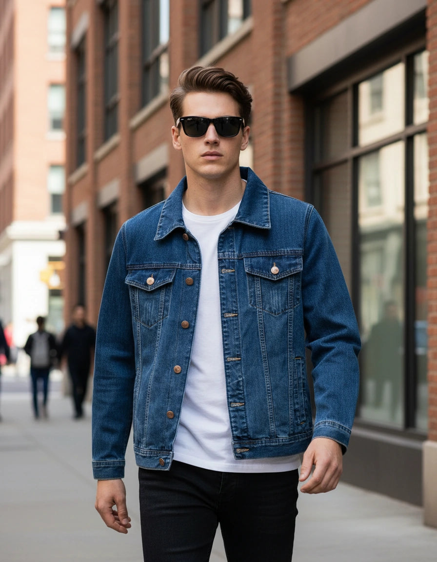 Men's Straight Cut Denim Jacket with Chest Pockets
