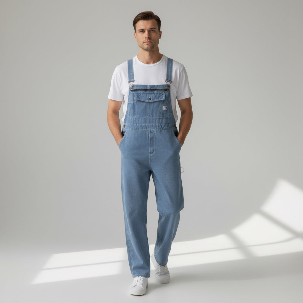 Men's Straight Leg Denim Dungarees with Adjustable Straps
