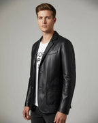 Mens Blazer Jacket with Leather Effect and Button Closure