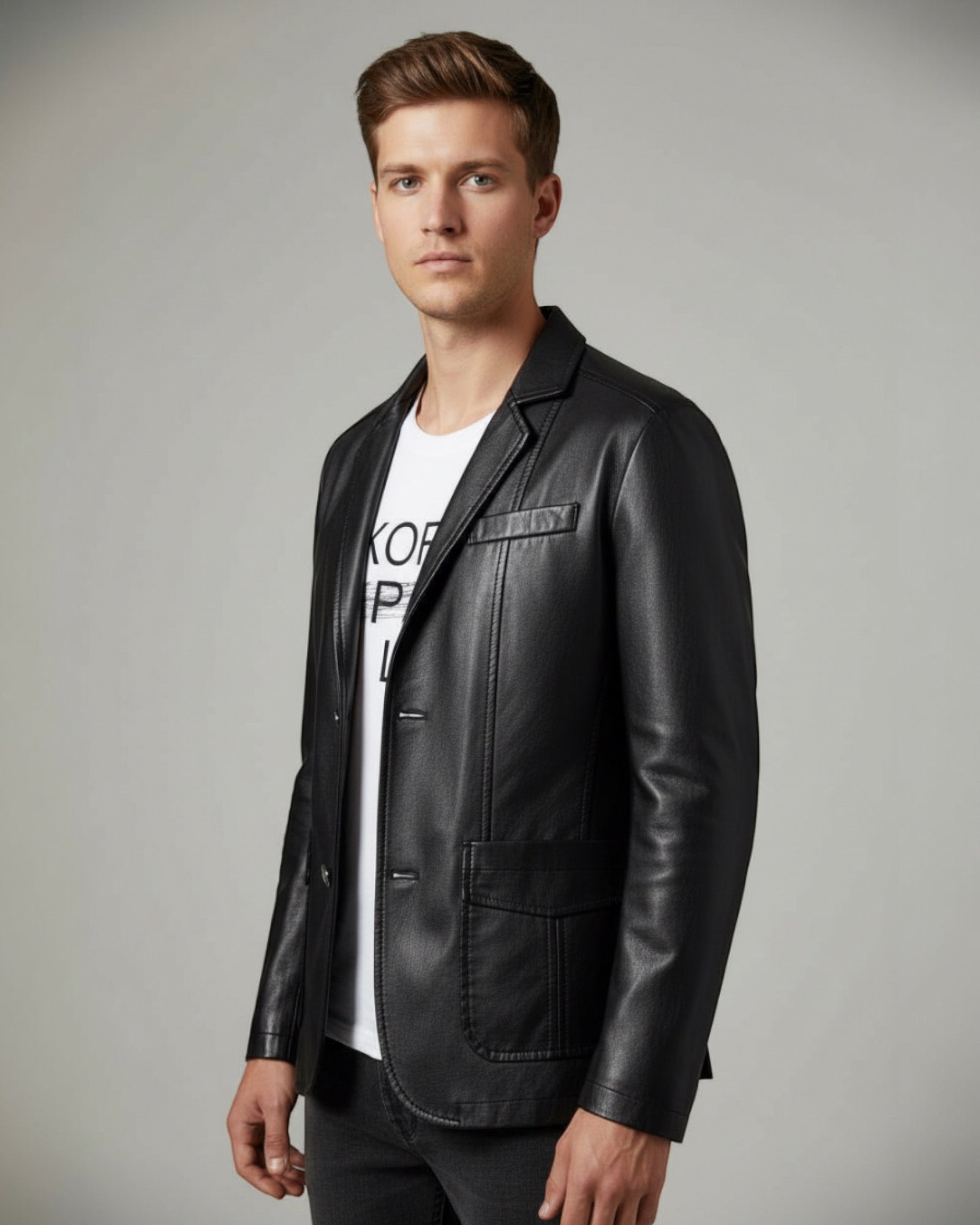 Mens Blazer Jacket with Leather Effect and Button Closure