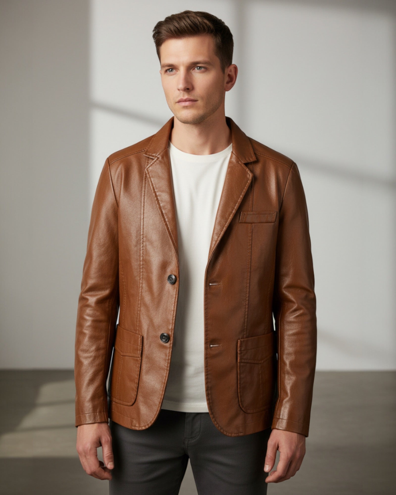 Mens Blazer Jacket with Leather Effect and Button Closure