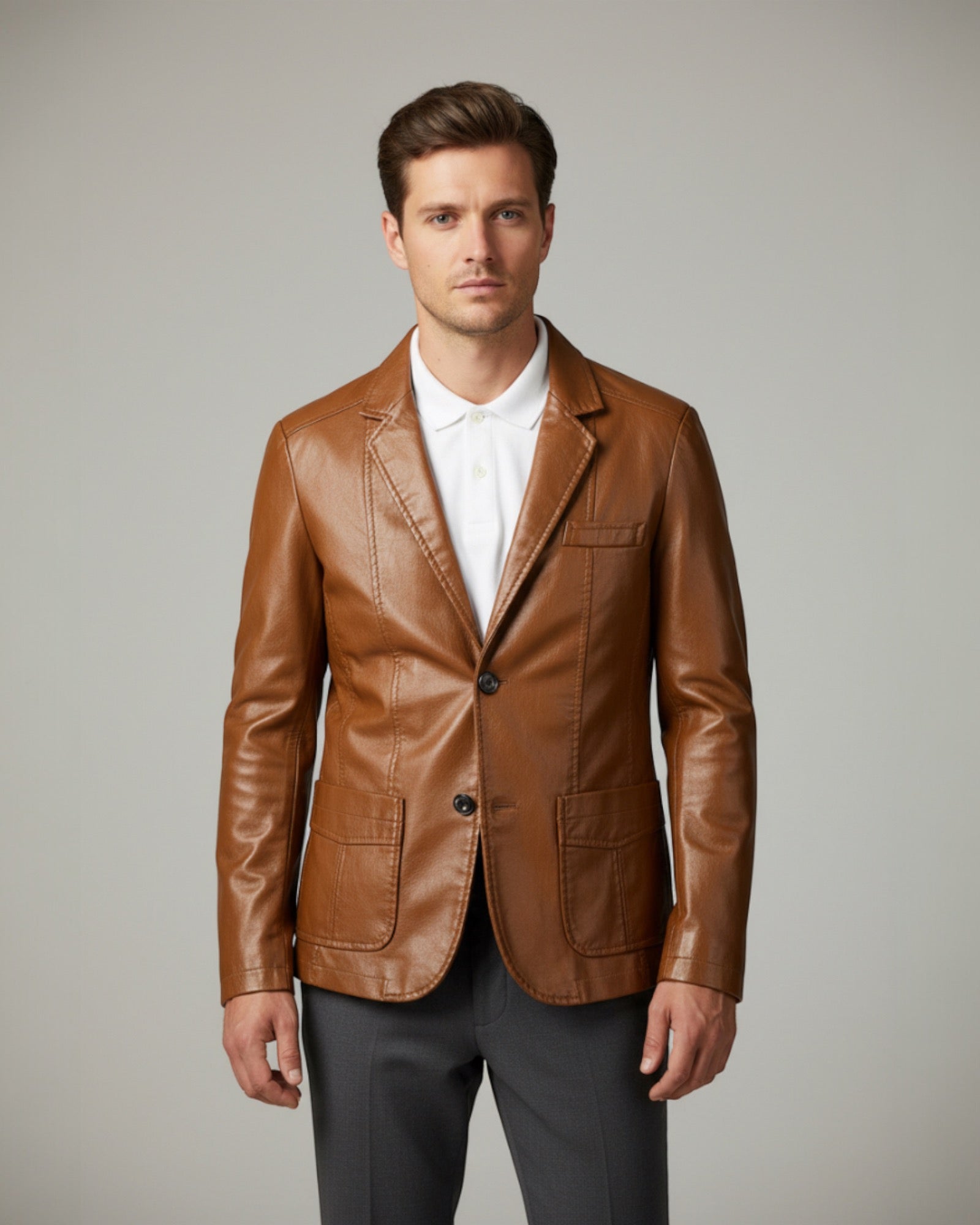 Mens Blazer Jacket with Leather Effect and Button Closure