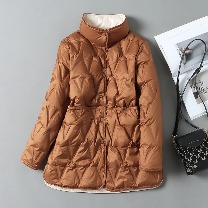Mid-Length Diamond Quilted Down Jacket for Women