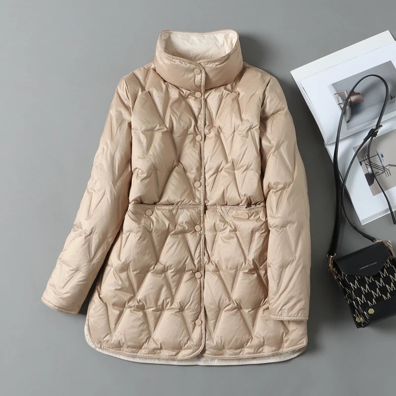 Mid-Length Diamond Quilted Down Jacket for Women