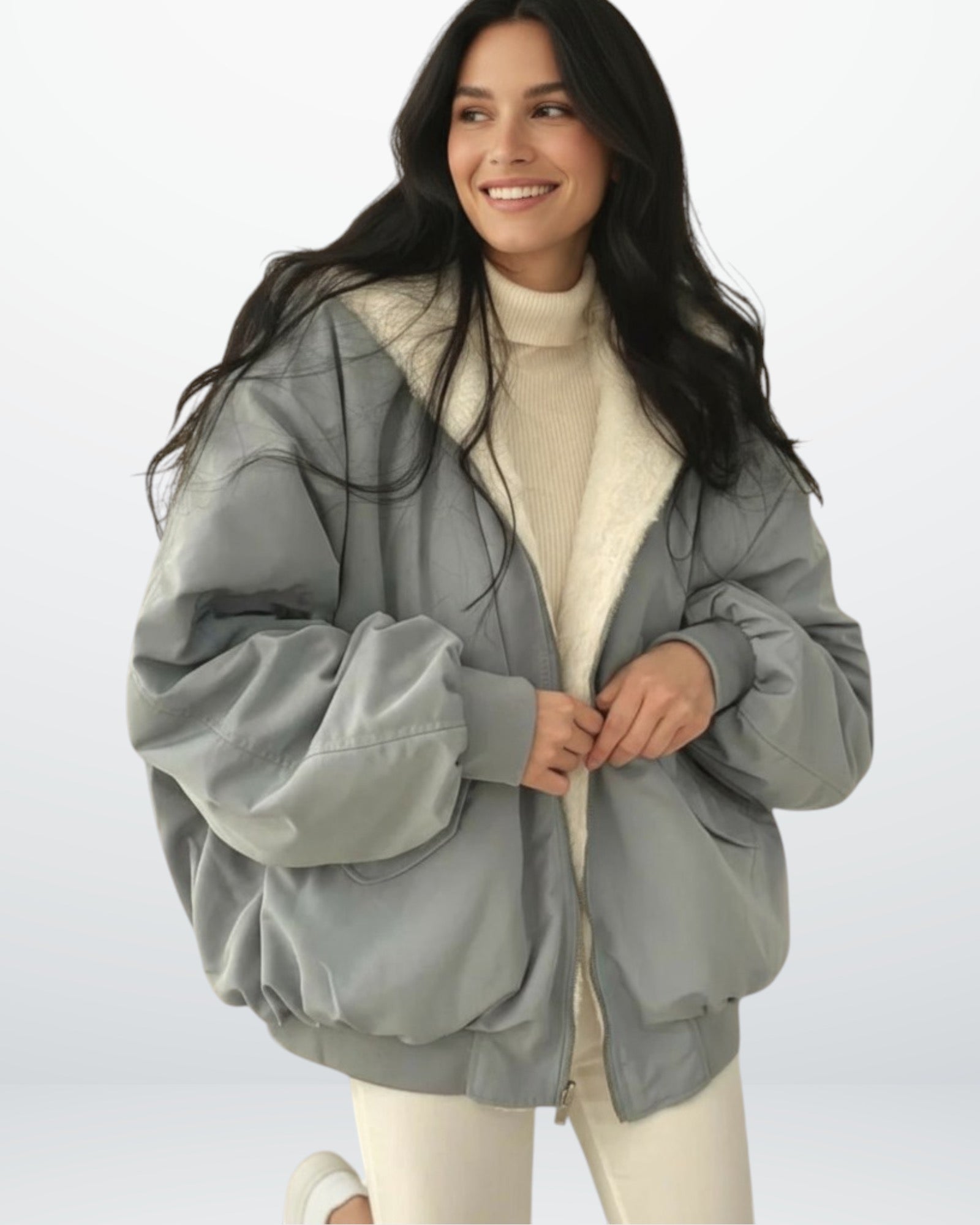 Oversized Bomber Jacket with Faux Fur Hood for Women