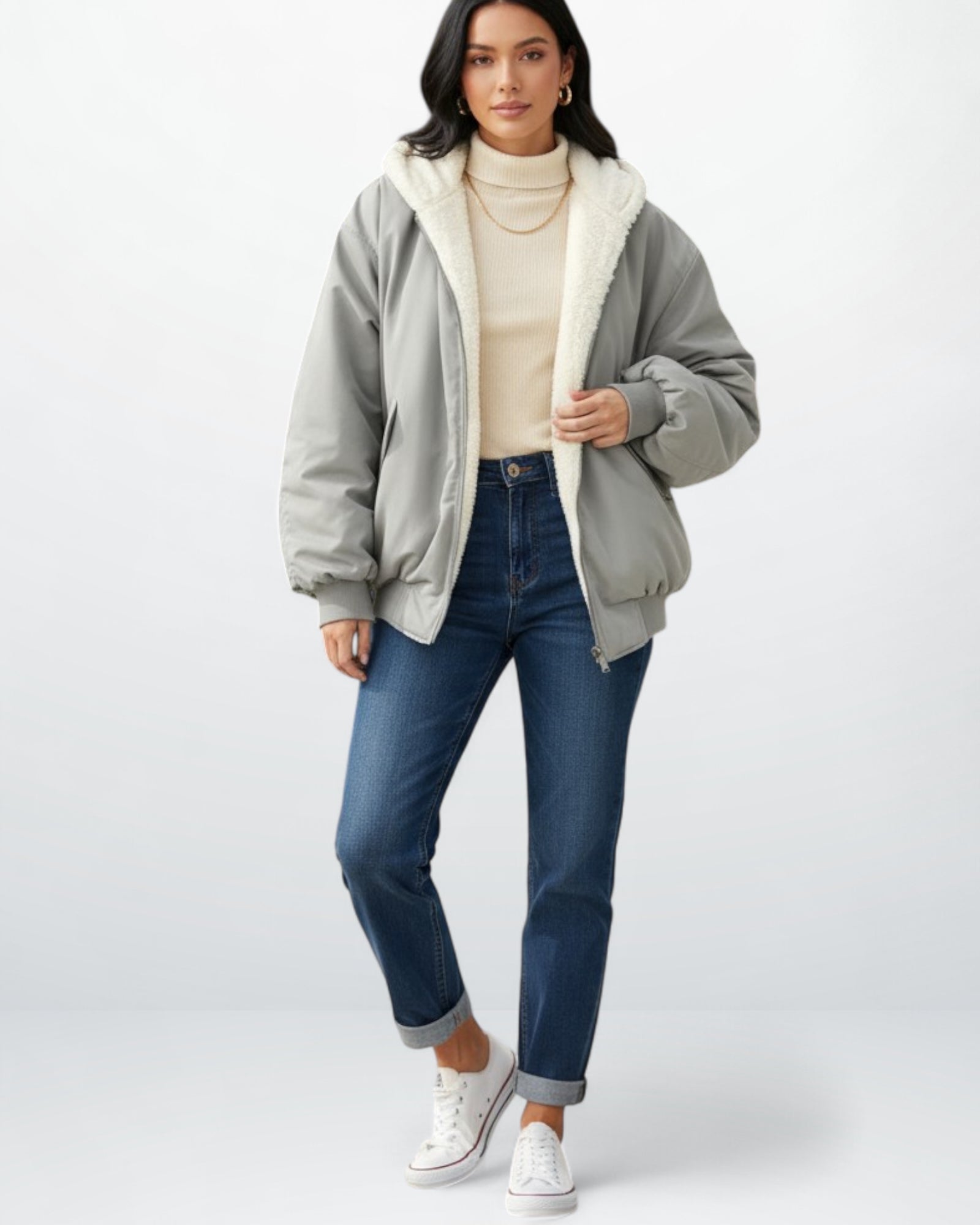 Oversized Bomber Jacket with Faux Fur Hood for Women