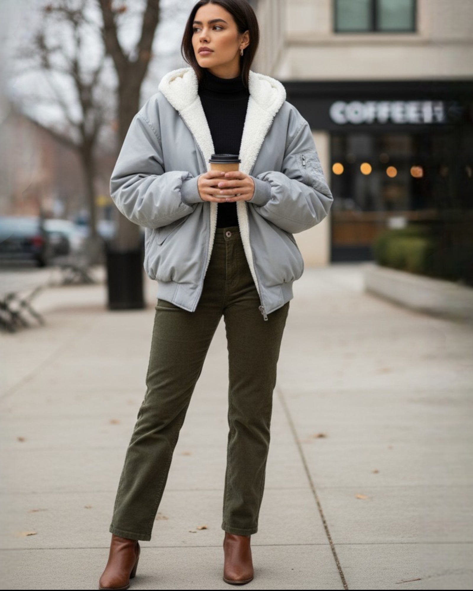 Oversized Bomber Jacket with Faux Fur Hood for Women