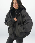 Oversized Bomber Jacket with Faux Fur Hood for Women