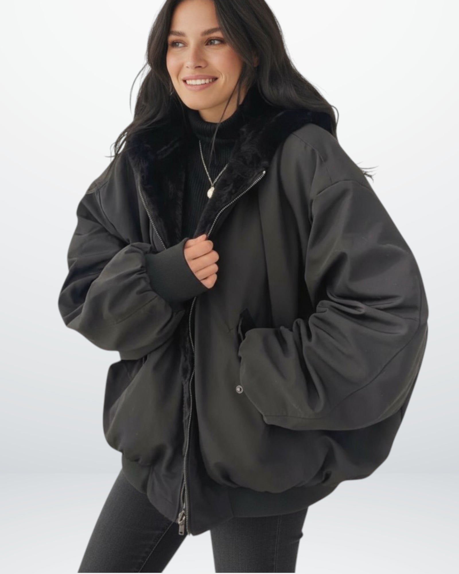 Oversized Bomber Jacket with Faux Fur Hood for Women