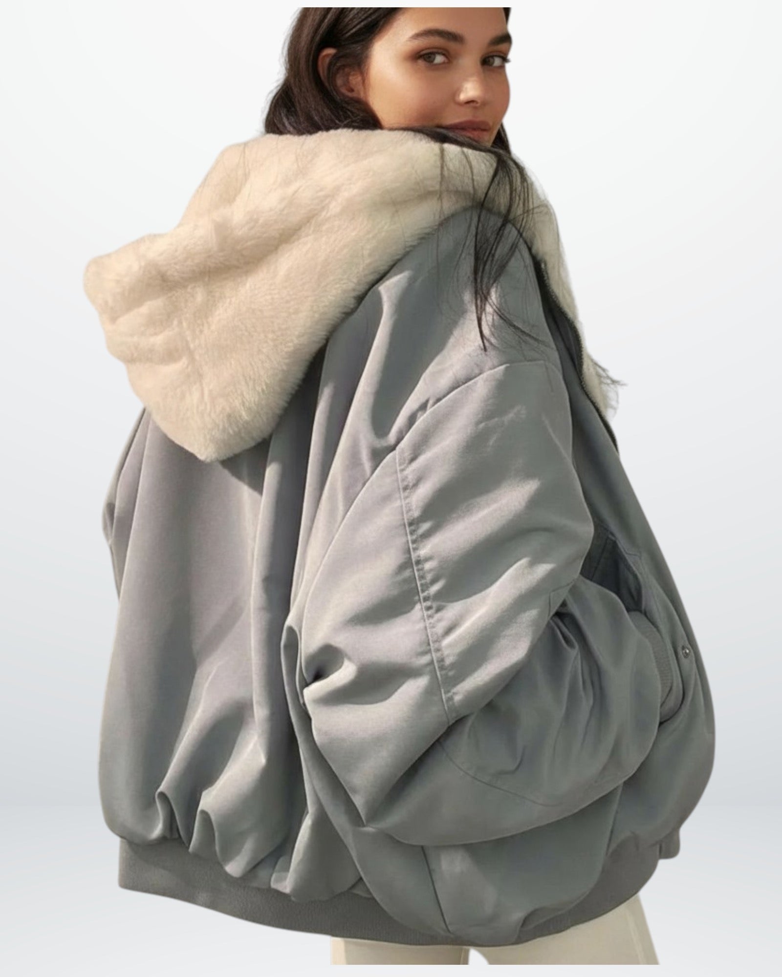 Oversized Bomber Jacket with Faux Fur Hood for Women