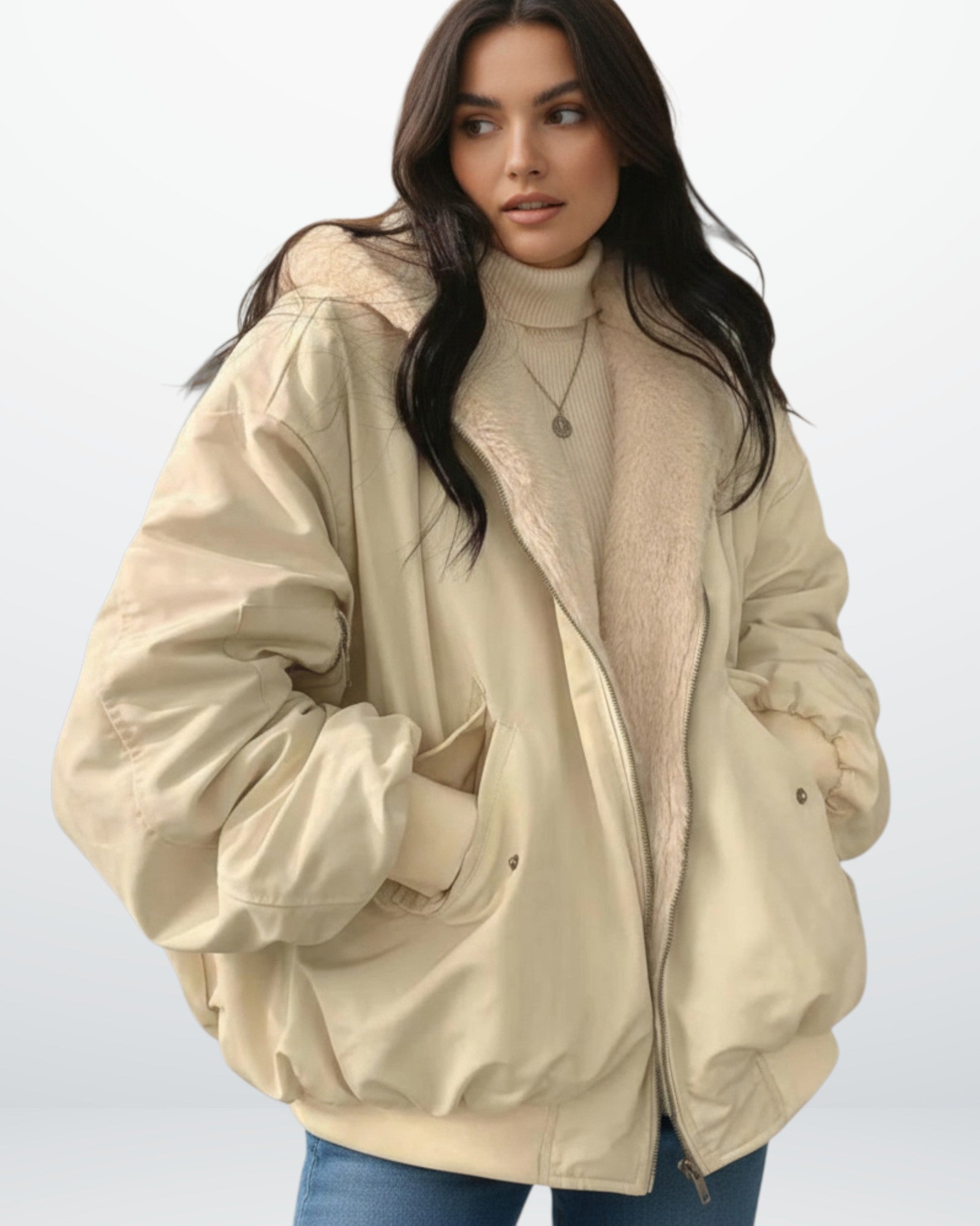 Oversized Bomber Jacket with Faux Fur Hood for Women