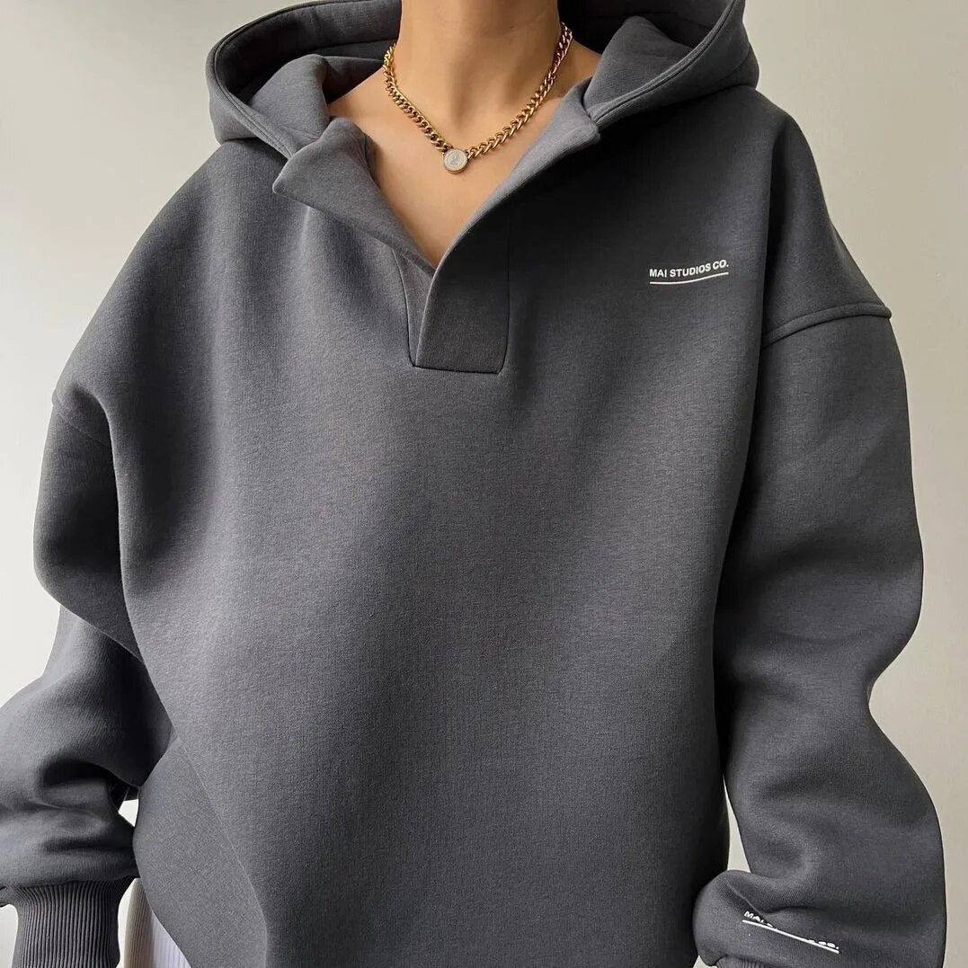 Oversized Relaxed Essentials Hoodie with Open Neckline 2