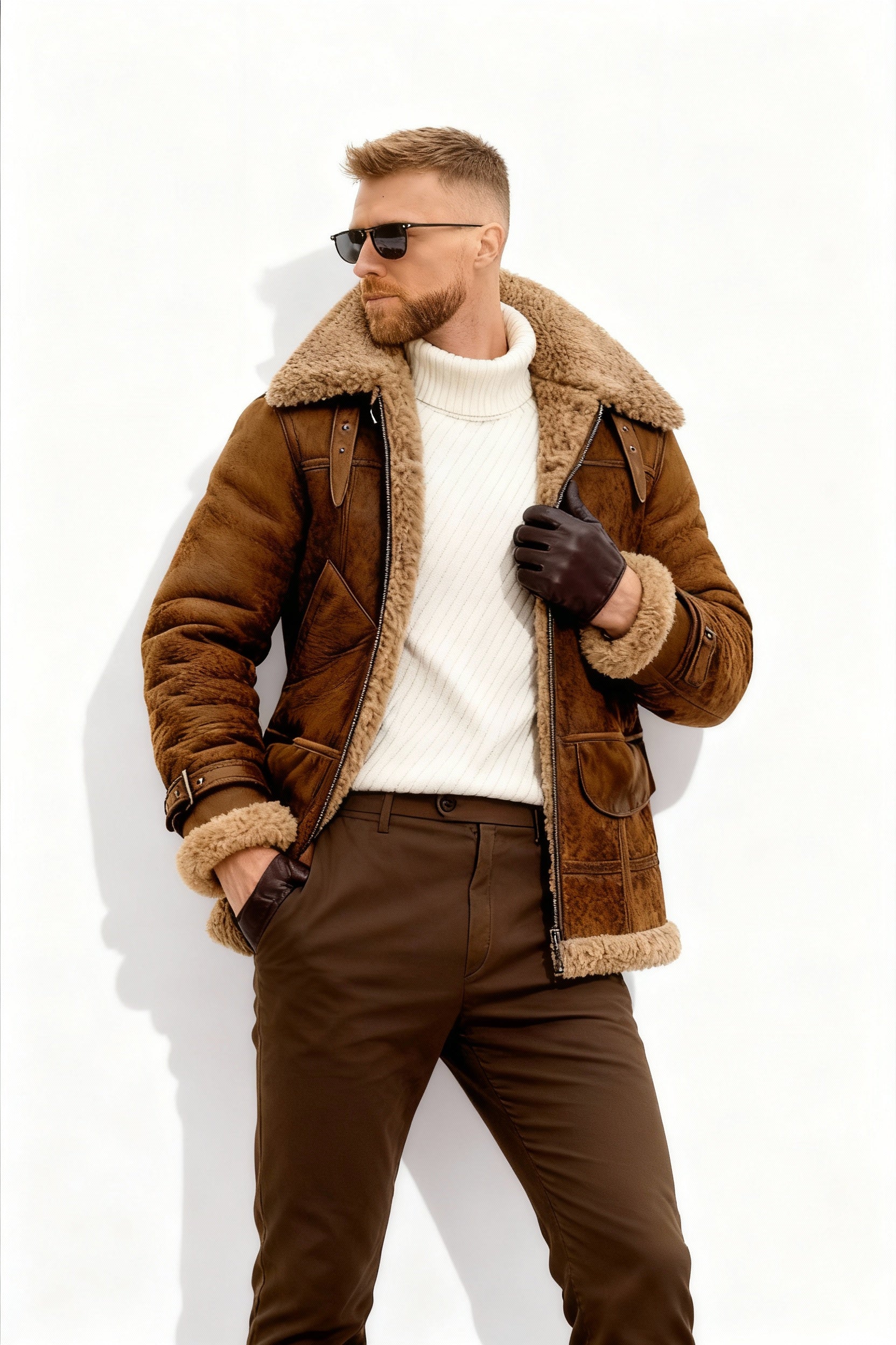 Padded men's flight jacket in cozy camel