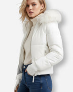Quilted Bomber Jacket with Fluffy Hood for Women