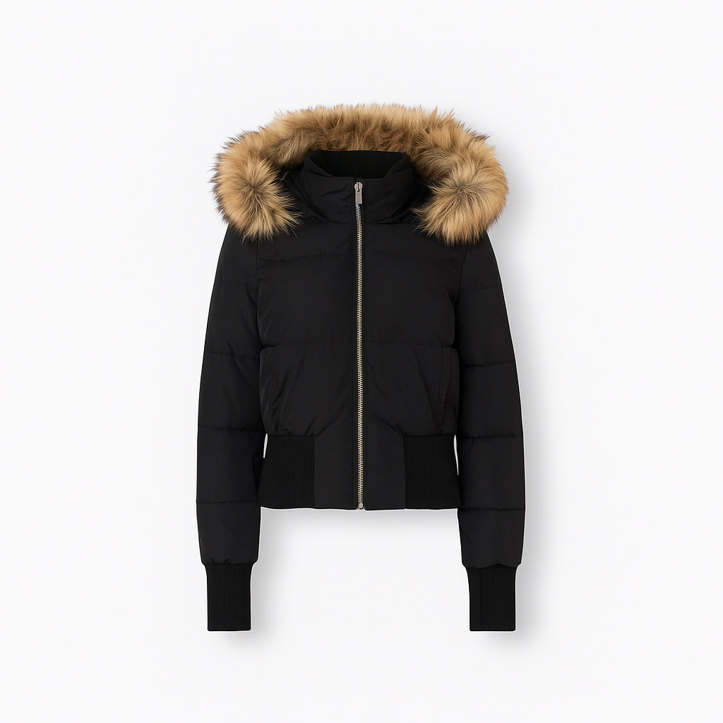 Quilted Bomber Jacket with Fluffy Hood for Women