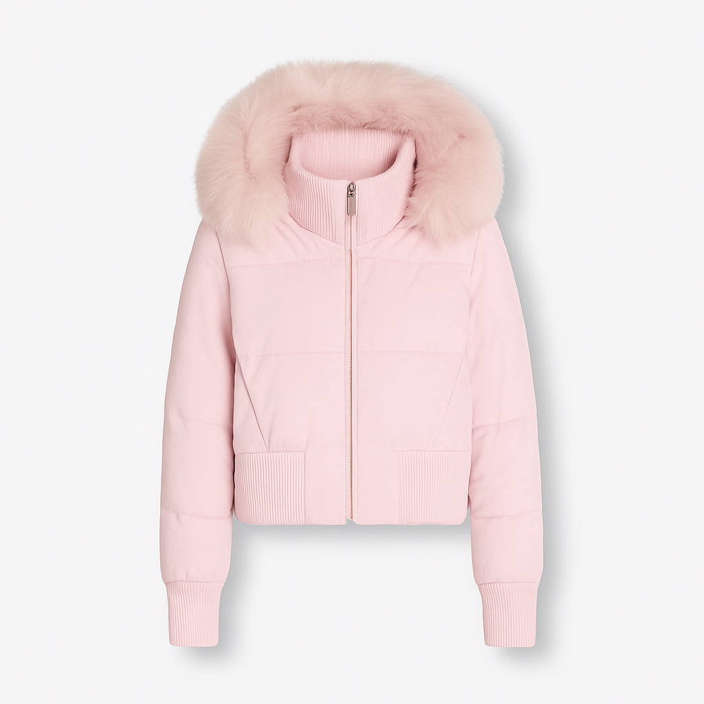 Quilted Bomber Jacket with Fluffy Hood for Women