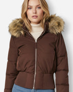 Quilted Bomber Jacket with Fluffy Hood for Women