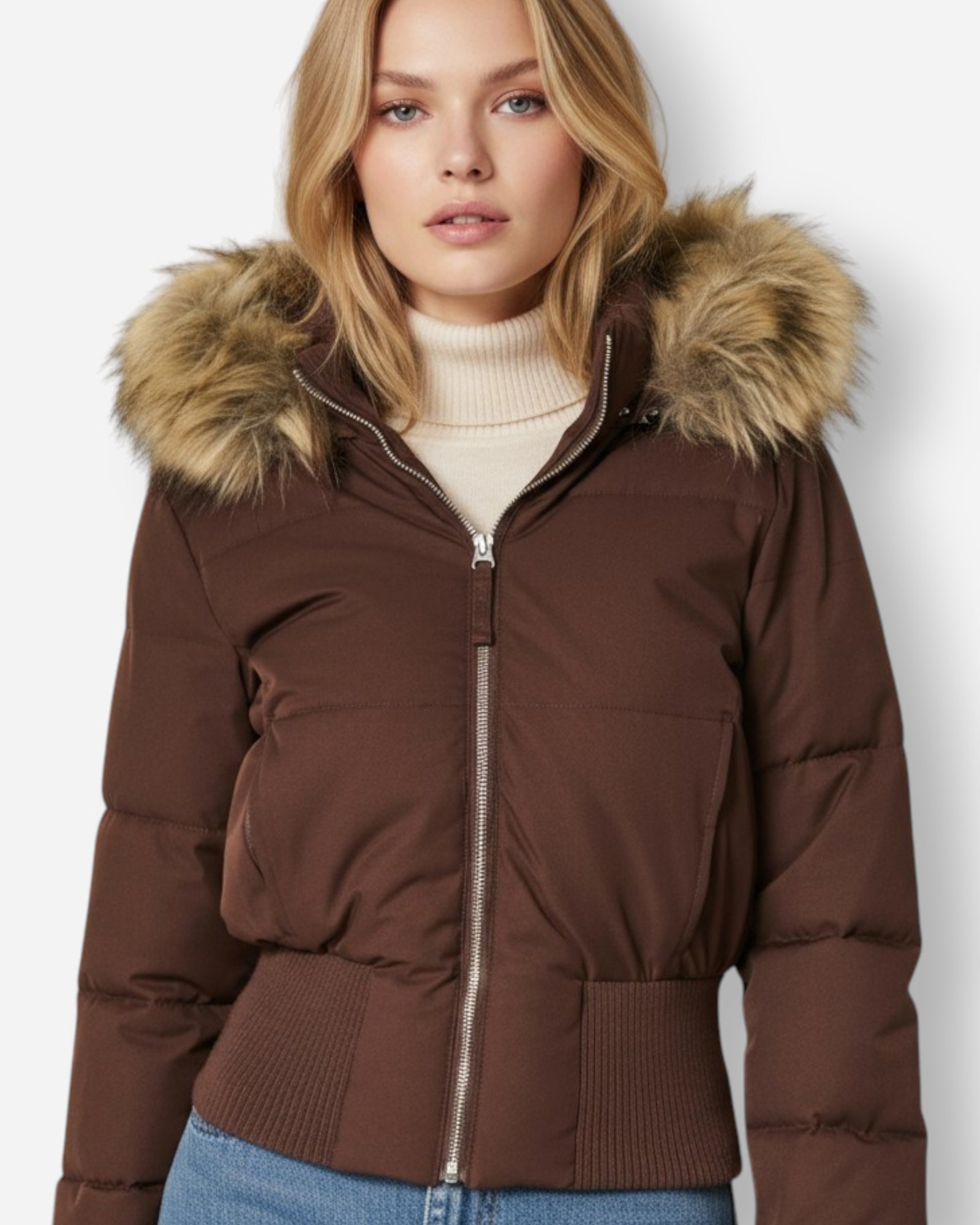 Quilted Bomber Jacket with Fluffy Hood for Women