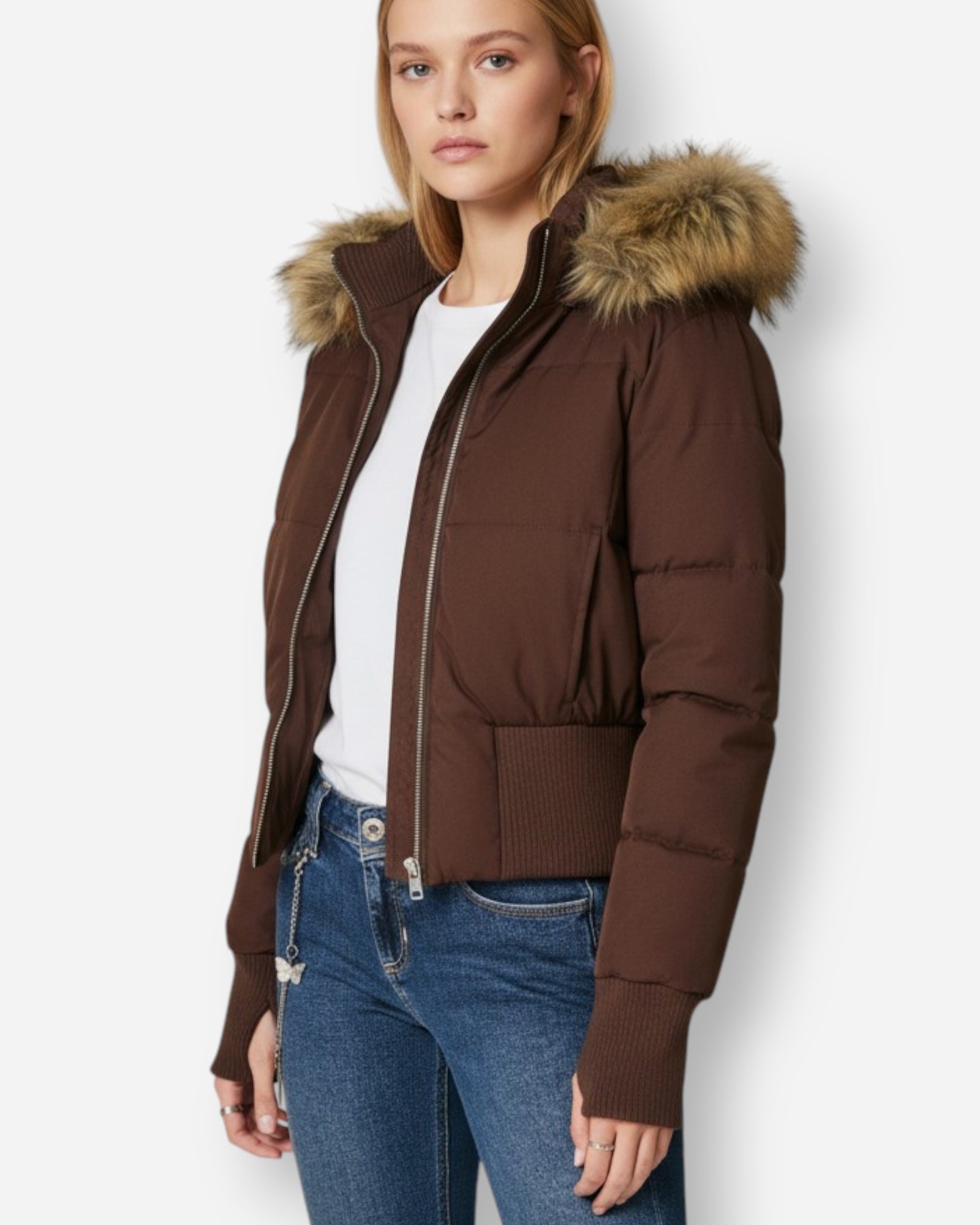 Quilted Bomber Jacket with Fluffy Hood for Women