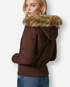 Quilted Bomber Jacket with Fluffy Hood for Women