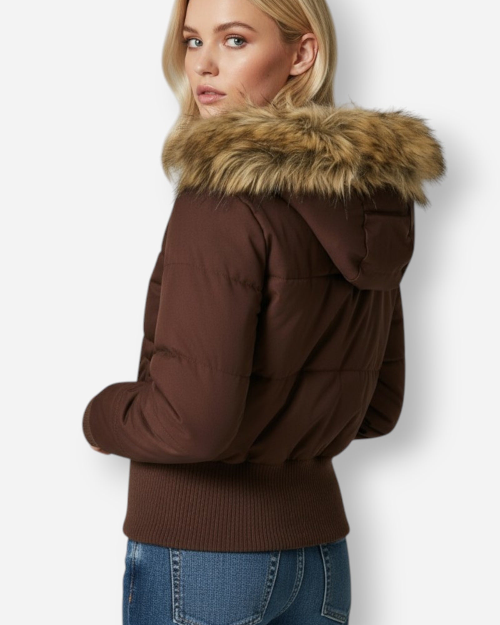 Quilted Bomber Jacket with Fluffy Hood for Women