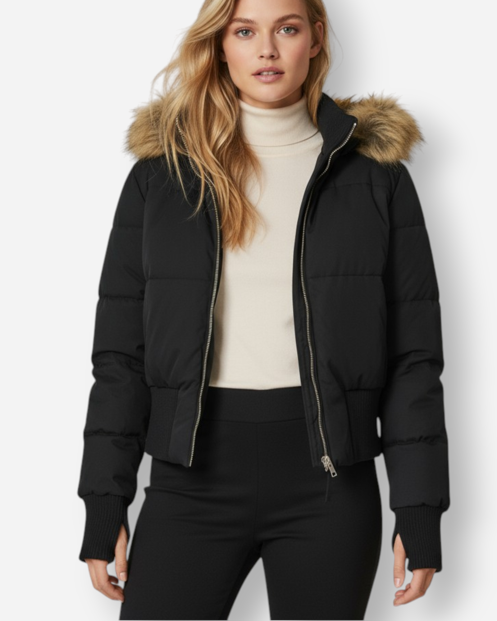 Quilted Bomber Jacket with Fluffy Hood for Women