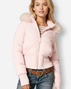 Quilted Bomber Jacket with Fluffy Hood for Women