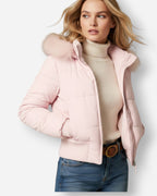 Quilted Bomber Jacket with Fluffy Hood for Women
