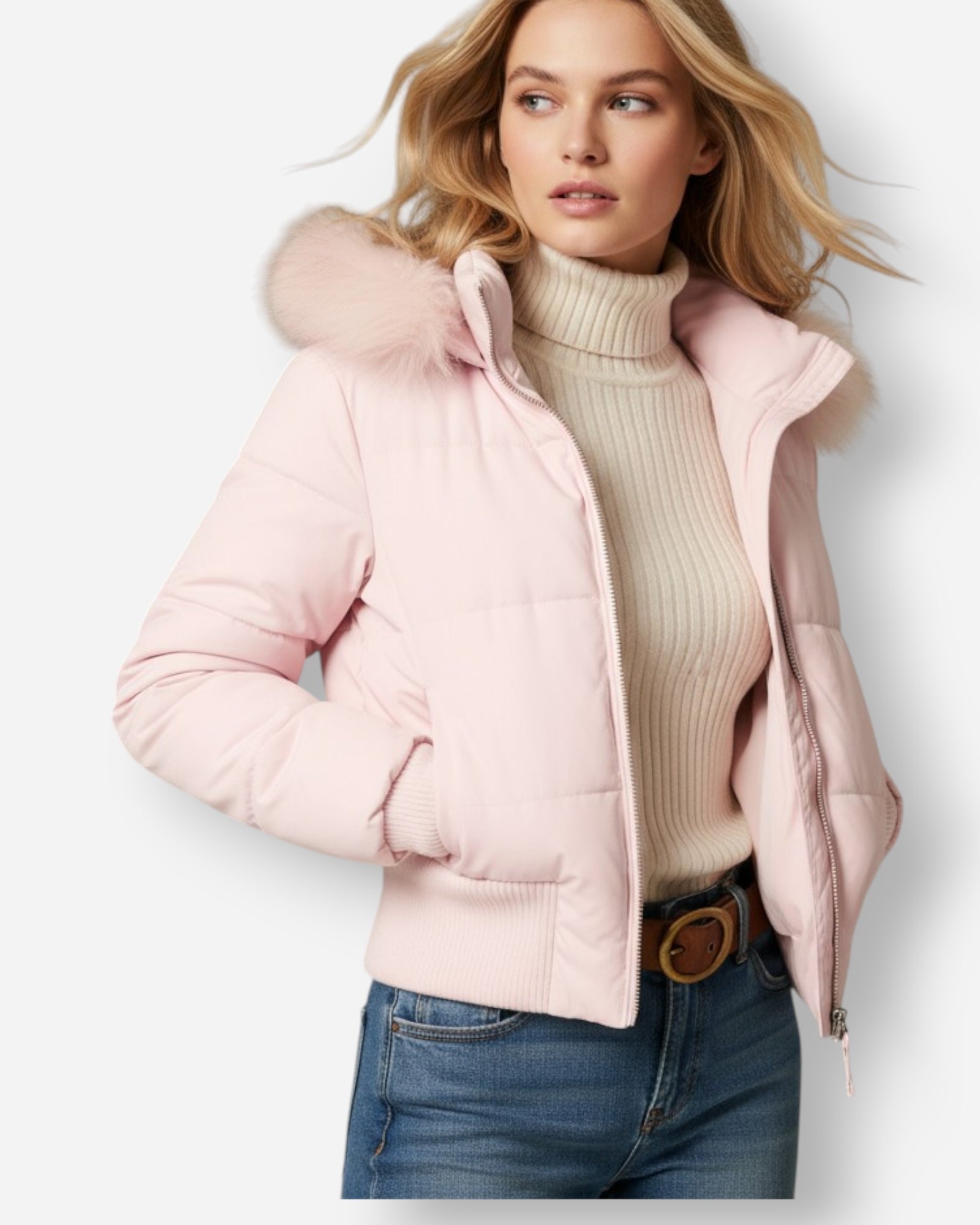 Quilted Bomber Jacket with Fluffy Hood for Women