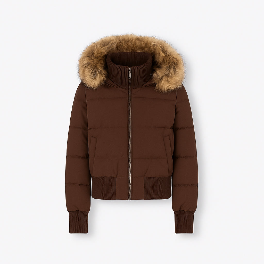 Quilted Bomber Jacket with Fluffy Hood for Women