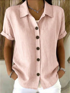 Relaxed Button-Up Blouse in Pink - feminine summer style with short sleeves