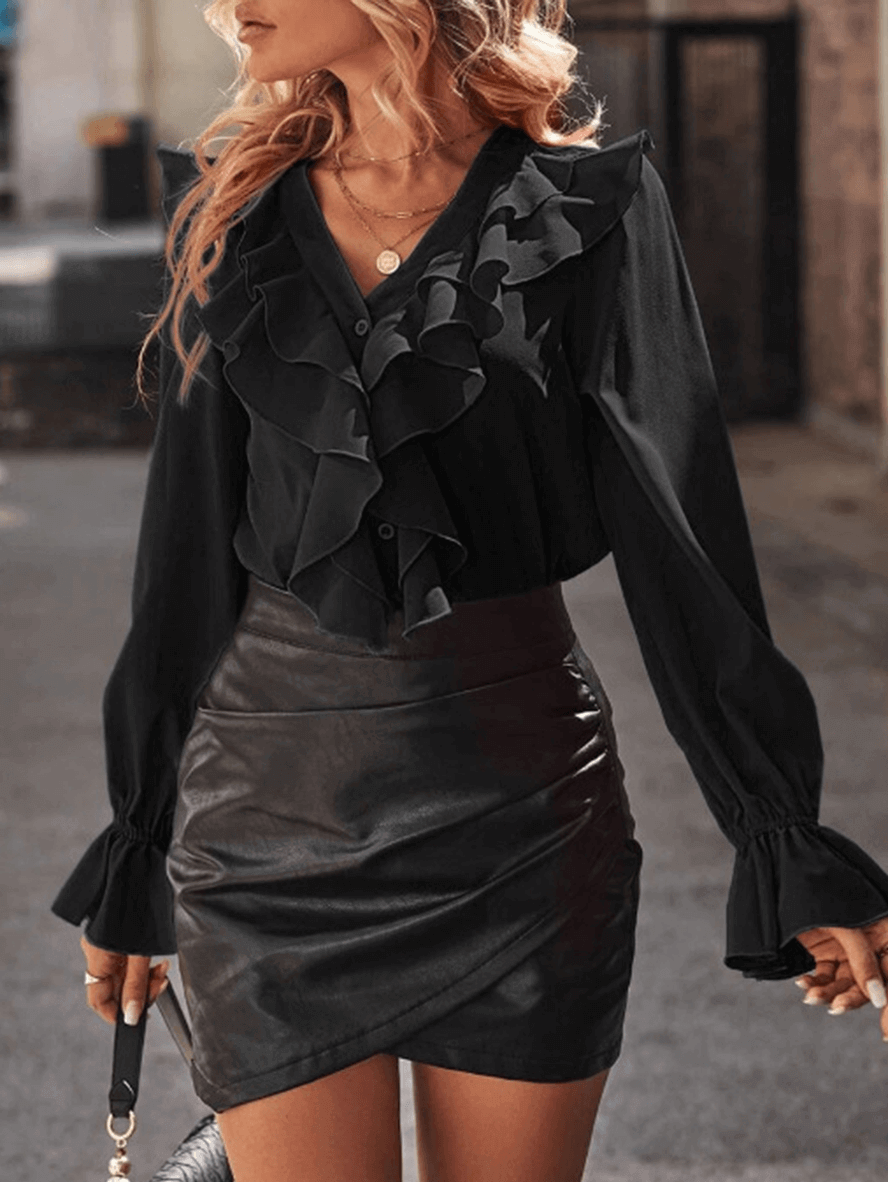 Ruffled V-Neck Long Sleeve Blouse for Women