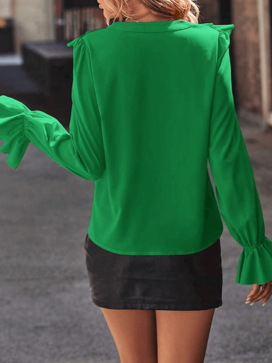 Ruffled V-Neck Long Sleeve Blouse for Women