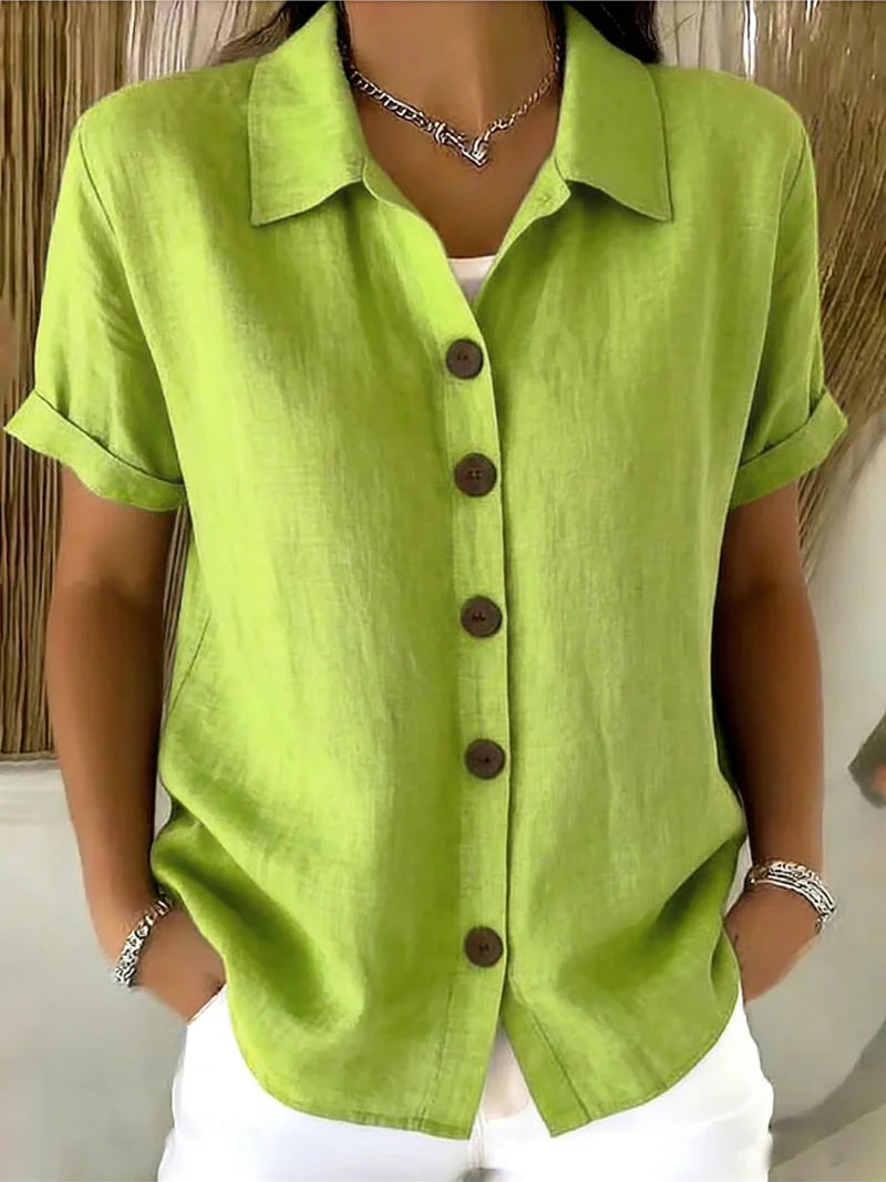 Relaxed Button-Up Blouse in Green - lightweight summer blouse with contrast buttons