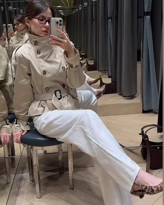 Short Trench Coat with Waist Belt for Women