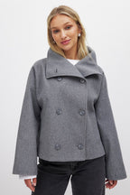 Short Wool Jacket with Double Snap Closure for Women