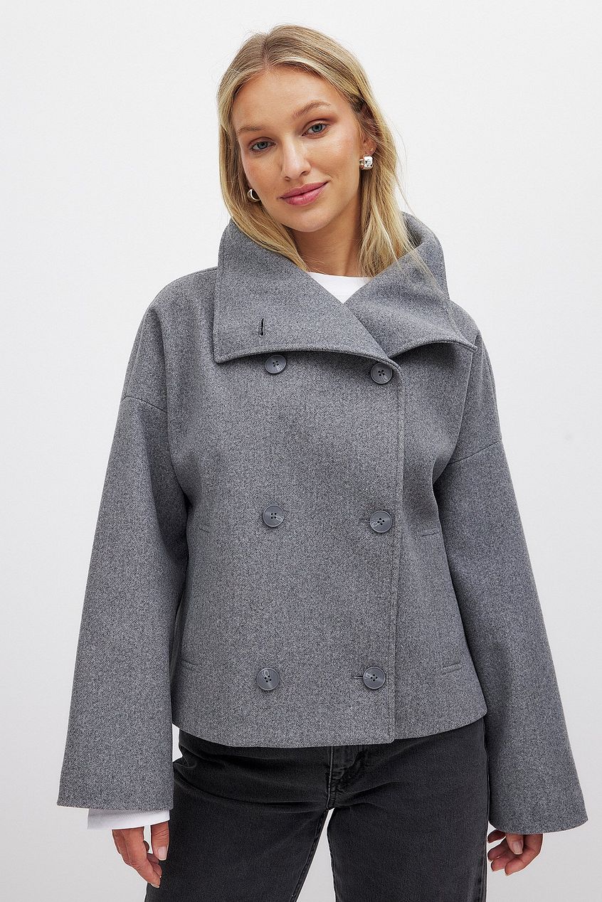 Short Wool Jacket with Double Snap Closure for Women