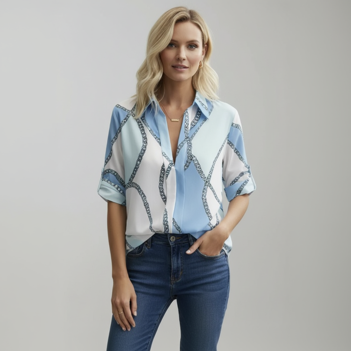 Silk Long Sleeve Blouse with Chain Pattern